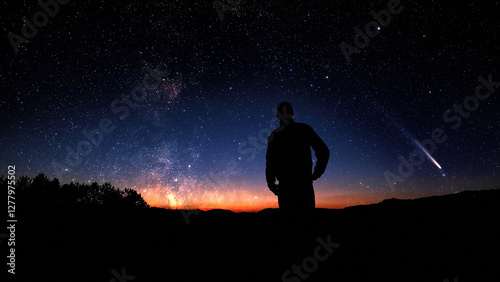 Silhouette of a man and countryside under the stars and comets.