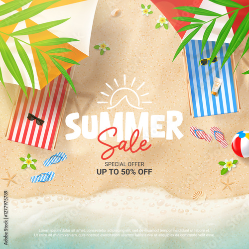 Bright summer sale card. Vector summer template with beach, chairs, umbrellas, ball, seashells, flip flops, sea wave, tropical leaves, flowers. Ad background for promotion of summer goods, events.