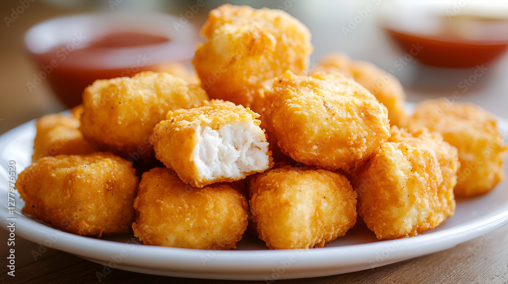 Fried crispy chicken nuggets with ketchup on white board ai generative Fried crispy chicken nuggets with ketchup on white board ai generative