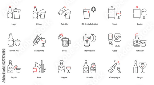Vector Icons Set - Lager, Pilsner, Pale Ale, IPA (India Pale Ale), Stout, Porter, Brown Ale, Barleywine, Bock, Hefeweizen, Gose, Whiskey, Tequila, Rum, Cognac, Brandy, Champagne, Sangria