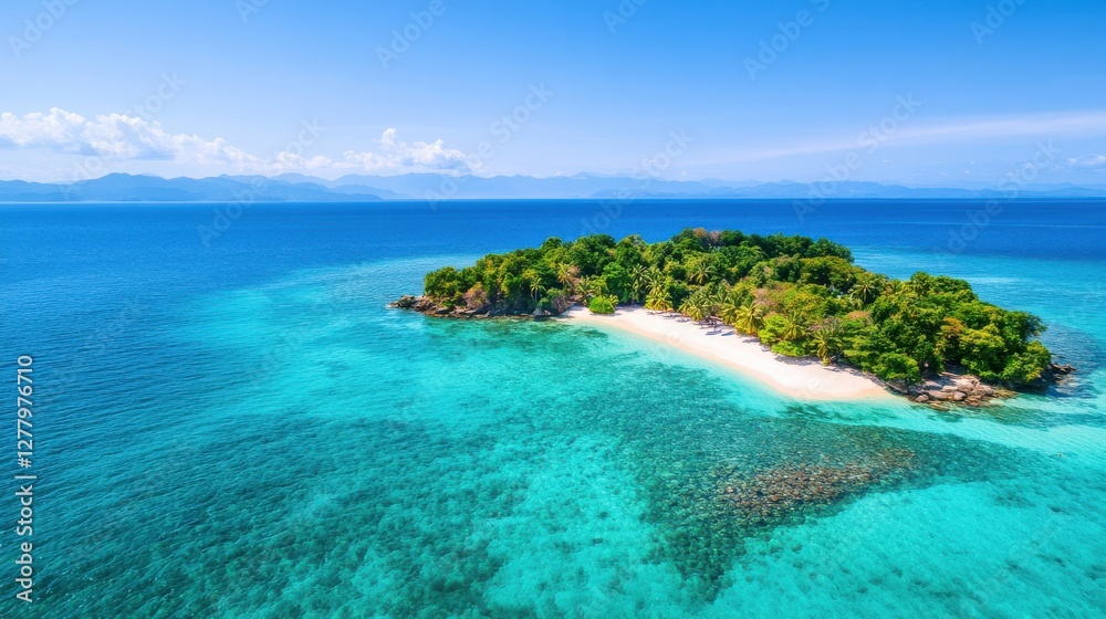 Tranquil Tropical Island Paradise with Azure Waters and Pristine Sandy Beach Under a Clear Blue Sky Tranquil Tropical Island Paradise with Azure Waters and Pristine Sandy Beach Under a Clear Blue Sky