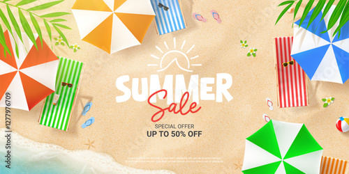 Summer sale horizontal banner. Vector summer banner with beach, chairs, umbrellas, ball, seashells, flip flops, sea wave, tropical leaves, flowers. Ad background for promotion of summer goods, events.