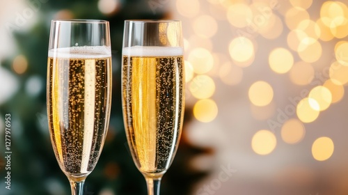Two Glasses of Champagne Toasting in Celebration Event with Bokeh Lights Background photo