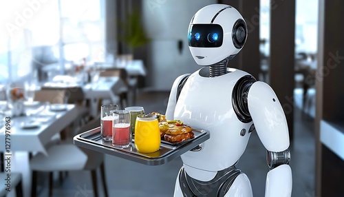 Robot waiter, humanoid robot, serving tray, cocktail glasses, orange juice, futuristic restaurant, white background, sleek design, artificial intelligence, hospitality industry, 3D rendering