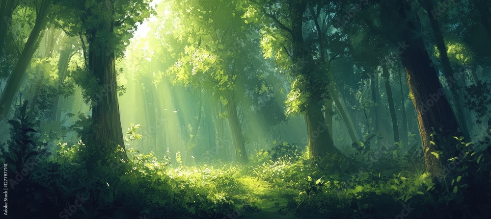 Obraz premium Sunlight streams through lush forest floor