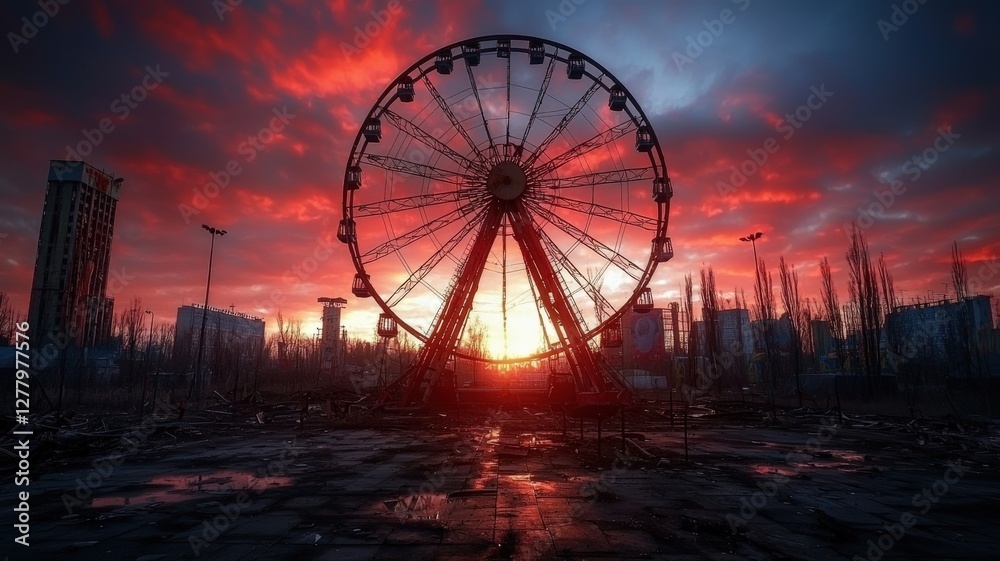A broken Ferris wheel in a deserted amusement park, its rusted frame silhouetted against a polluted sunset A broken Ferris wheel in a deserted amusement park, its rusted frame silhouetted against a polluted sunset
