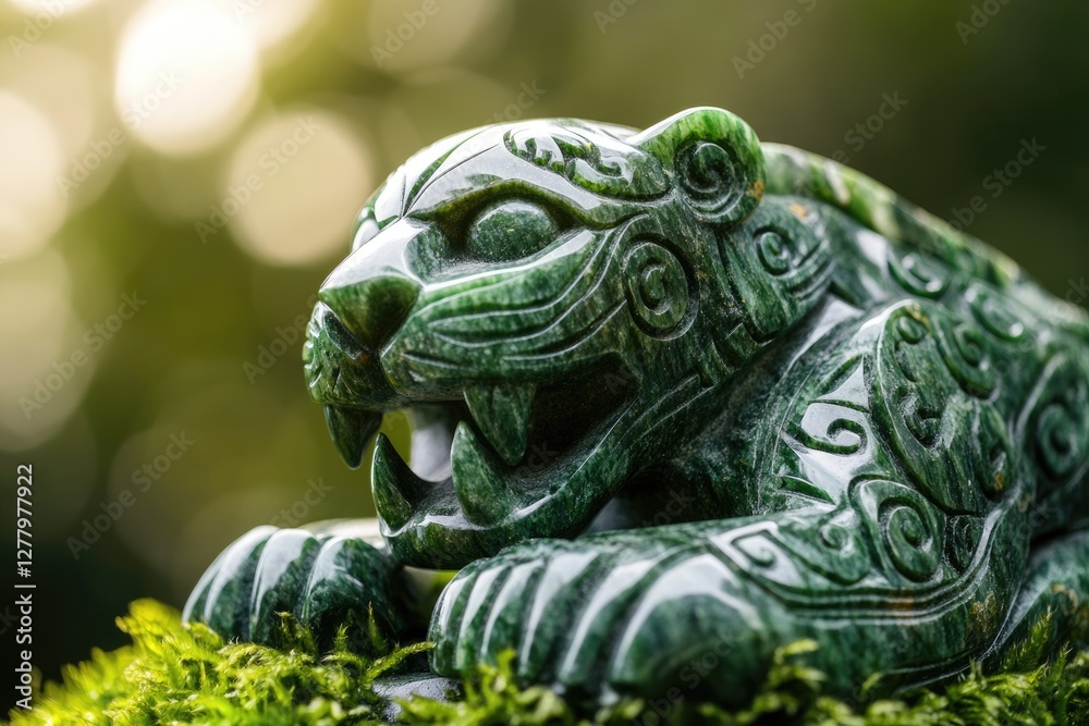 Intricately carved jade tiger figurine resting on moss, showcasing green hues and detailed craftsmanship. Intricately carved jade tiger figurine resting on moss, showcasing green hues and detailed craftsmanship.