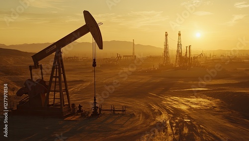 Oil pump jack at sunset over oilfield