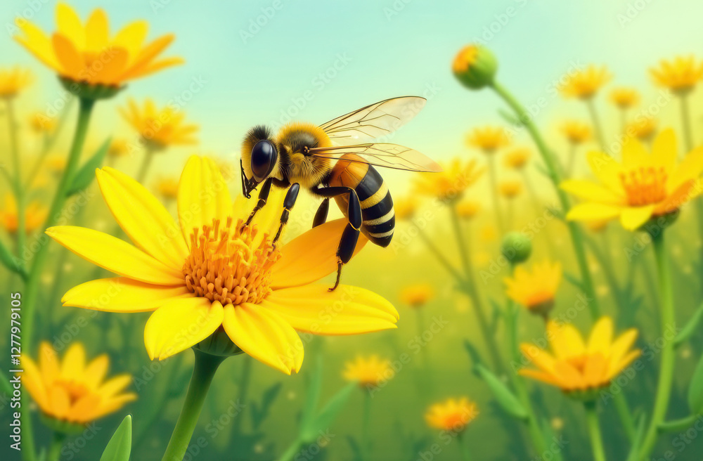 bee on yellow flower close up. spring or summer background with wild flowers bee on yellow flower close up. spring or summer background with wild flowers