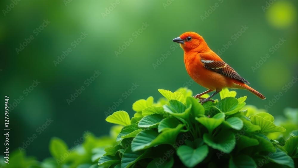Fototapeta premium A Vibrant Orange Bird Perched on Lush Green Foliage, a Stunning Display of Nature's Hues