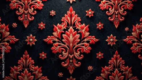 Intricate Red and Gold Damask Pattern, a Luxurious Tapestry of Ornate Floral Motifs and Elegant Scrollwork, Designed for Sophisticated Interior Decor