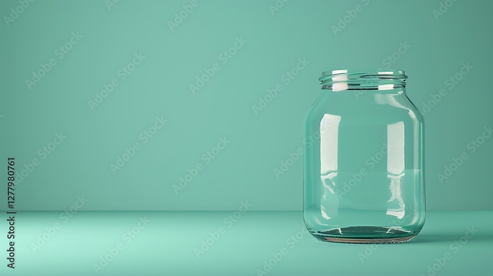 A tall empty jar with a unique shape against a solid teal background, emphasizing its design A tall empty jar with a unique shape against a solid teal background, emphasizing its design