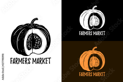 illustration of a roasted pumpkin, fresh vegetables, veggies, vegetables shop, farmers market logo, grocery, gourmet, organic food, supermarket, superstore, food blog, vector, logo