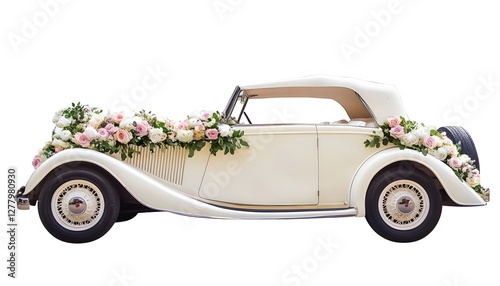 Fototapeta Naklejka Na Ścianę i Meble -  Classic vintage car is adorned with beautiful wedding flowers