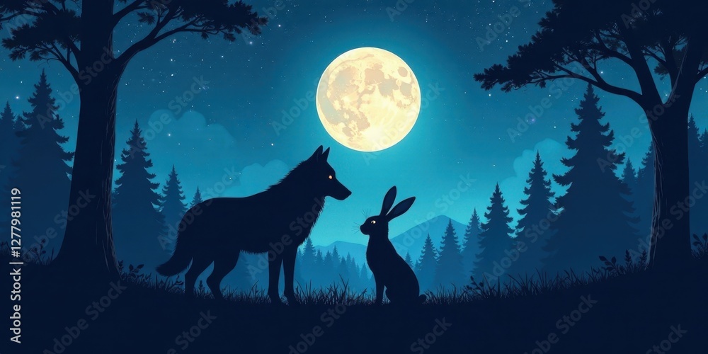 Fototapeta premium Serene Nighttime Forest Scene A Wolf and Hare Silhouetted Against a Full Moon and Starry Sky, Contemplating the Mysterious Beauty of Nature