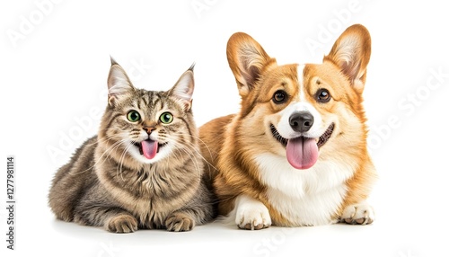 Cheerful Dog and Cat Sitting Together with Tongues Out on Clean White Background