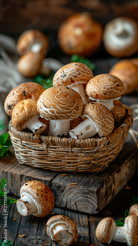 Freshly picked mushrooms overflowing from a rustic basket and sitting on a wooden table Freshly picked mushrooms overflowing from a rustic basket and sitting on a wooden table