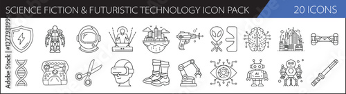 Science Fiction & Futuristic Technology Icon Pack -A set of 20 icons featuring futuristic technology and sci-fi elements, perfect for technology or science fiction-themed designs.

