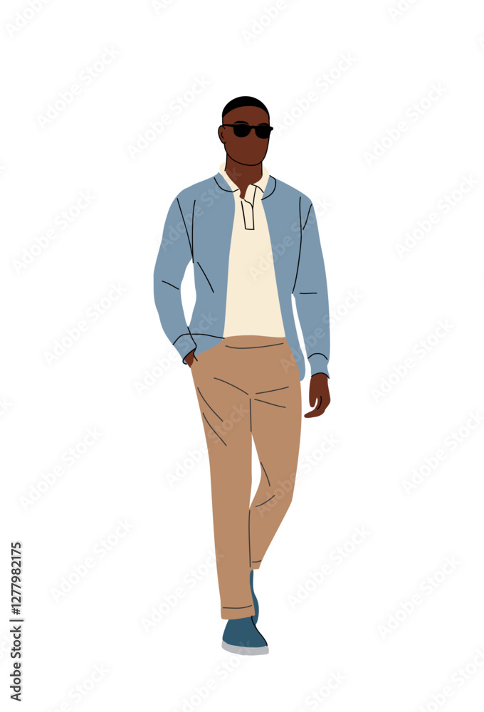 Stylish black man walking in spring, summer smart casual office outfit. Handsome african american Business men character in modern clothes. Vector realistic illustration isolated Stylish black man walking in spring, summer smart casual office outfit. Handsome african american Business men character in modern clothes. Vector realistic illustration isolated