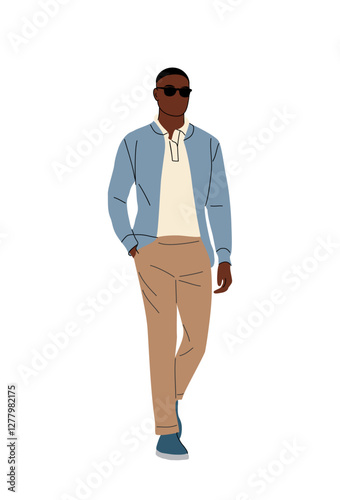 Stylish black man walking in spring, summer smart casual office outfit. Handsome african american Business men character in modern clothes. Vector realistic illustration isolated