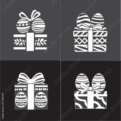 Minimalist Easter 2025 gift box icon, with egg decoration, monochrome, flat design, vector art
