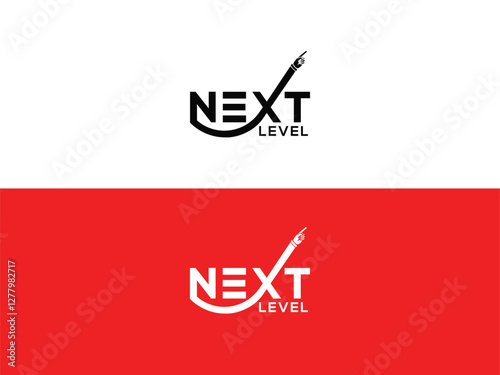NEXT LEVEL Logo Design with Modern Typography on Red and White Backgrounds, Creative Branding, and Professional Identity for Business, Marketing, and Technology Industries