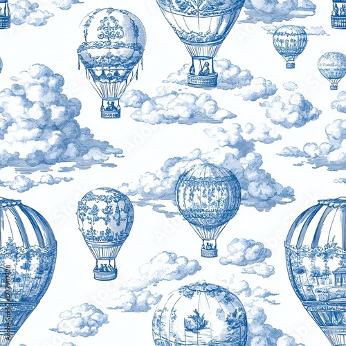 Whimsical Toile Wallpaper Hot Air Balloons Seamless Pattern Design