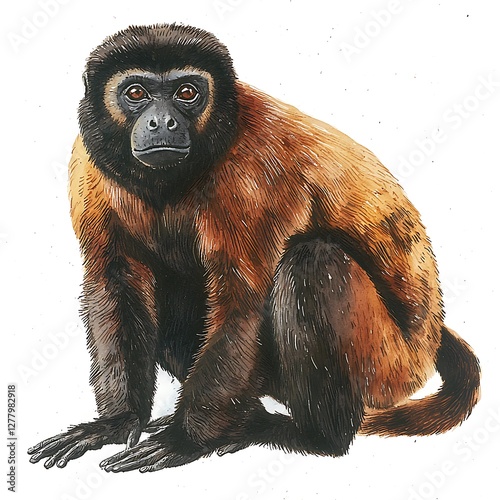 Watercolor Painting of a Brown Howler Monkey Sitting. photo