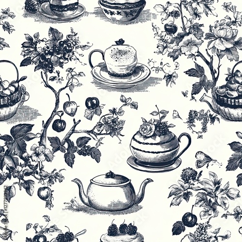 Whimsical Toile Pattern Tea Kettles Cakes and Desserts