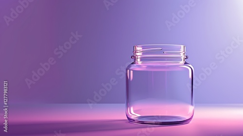 A transparent empty jar illuminated by a soft light on a solid purple background, enhancing its clarity
