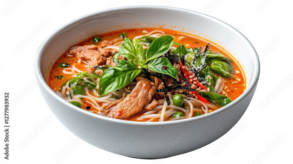 A vibrant bowl of spicy noodle soup topped with fresh herbs and garnishes. transparent background A vibrant bowl of spicy noodle soup topped with fresh herbs and garnishes. transparent background