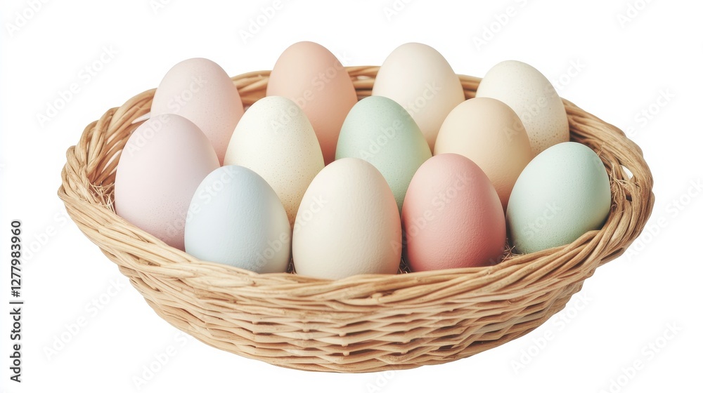 Pastel Eggs in Wicker Basket on White Background Pastel Eggs in Wicker Basket on White Background