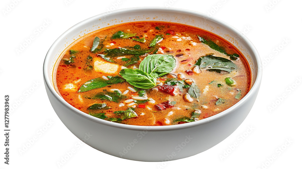 A vibrant bowl of spicy soup garnished with fresh greens and herbs. transparent background A vibrant bowl of spicy soup garnished with fresh greens and herbs. transparent background