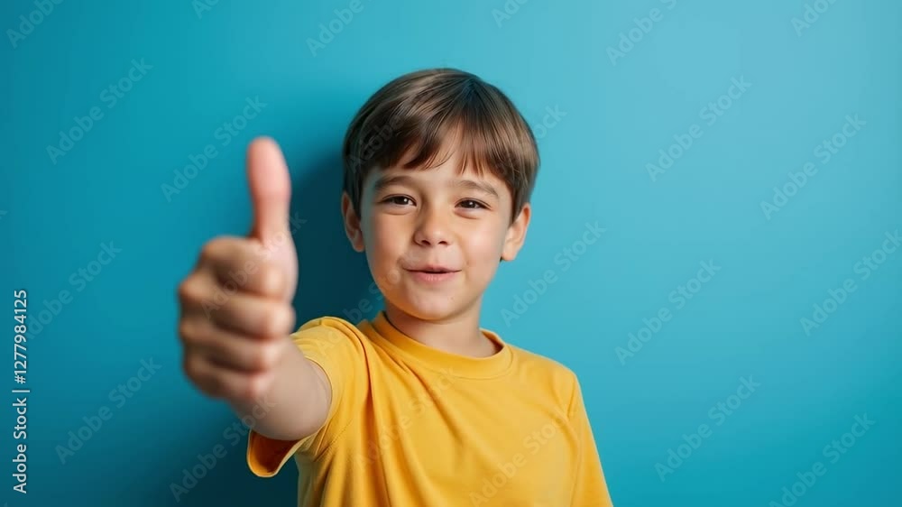 Enthusiastic Young Boy in Yellow Shirt Displaying a Thumbs Up Gesture Against a Vibrant Blue Background, Radiating Positivity and Joy Enthusiastic Young Boy in Yellow Shirt Displaying a Thumbs Up Gesture Against a Vibrant Blue Background, Radiating Positivity and Joy