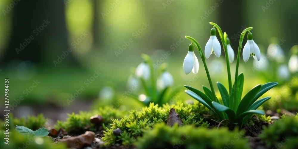 Delicate Snowdrop Blooms in a Verdant Spring Forest Setting