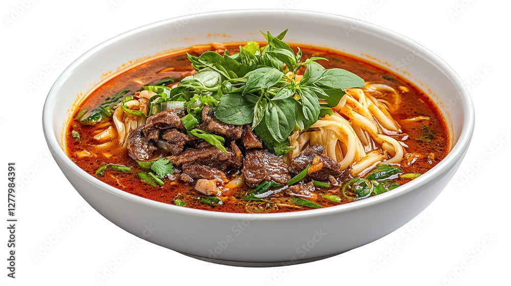 Delicious bowl of beef noodle soup topped with fresh herbs and vibrant flavors. transparent background Delicious bowl of beef noodle soup topped with fresh herbs and vibrant flavors. transparent background