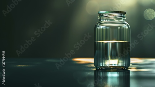 A transparent empty jar reflecting sunlight on a smooth dark background, showcasing clarity