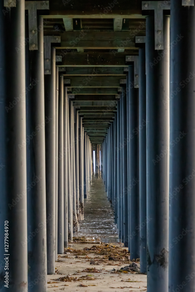 A view under a pier on the beach A view under a pier on the beach