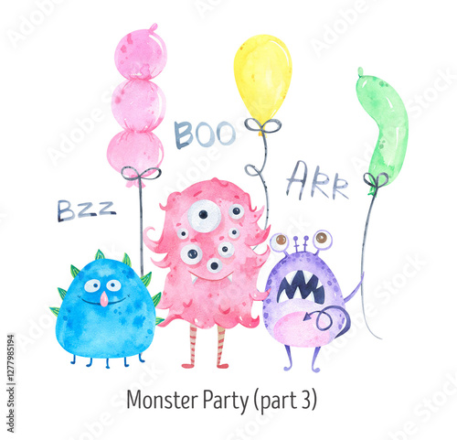 Watercolor funny monsters card, layout. Design for birthday party, baby shower, greeting card. Confetti, colorful balloon characters,  aliens, party, celebration. Friends, emotions little monsters