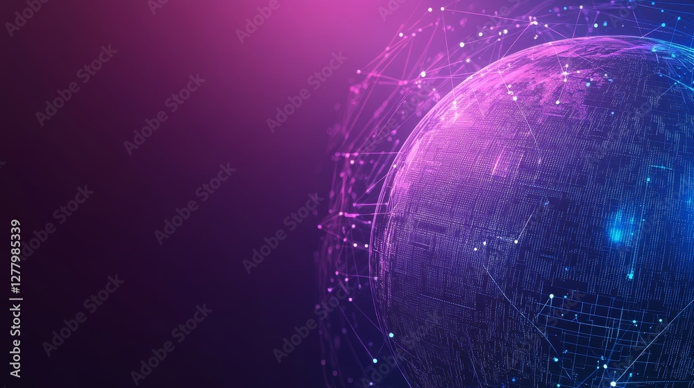 Obraz premium Digital technology background blue gradient with dotted globe on purple, emphasizing data transfer