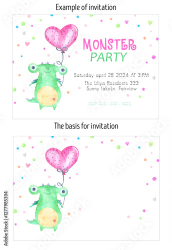 Watercolor funny monsters invitation card, layout. Design for birthday party, baby shower. Confetti, balloon heart characters, colorful aliens, party, celebration