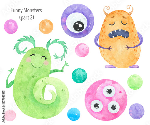 Watercolor set funny monsters illustrations. Colorful halloween characters, colorful aliens. For design invitations and greating cards