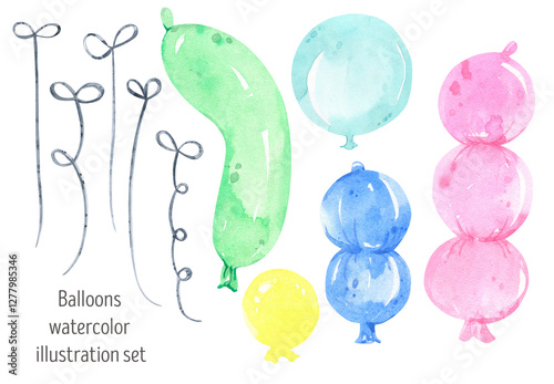 Watercolor set colorful balloons with ropes illustrations. Colorful holiday, birthday, celebration. For design invitations and greating cards
