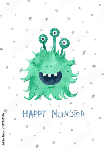 Watercolor funny monsters interior poster. Design for postcard, greeting card. Confetti,  characters, colorful aliens. Friends, emotions little monsters. Interior design children's room, nursery.
