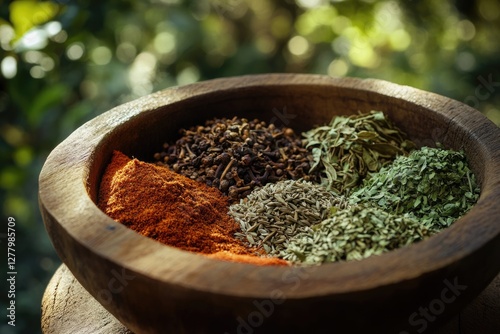 Assortment of spices and herbs in a wooden bowl, including paprika, cloves, fennel, and dried leaves. photo