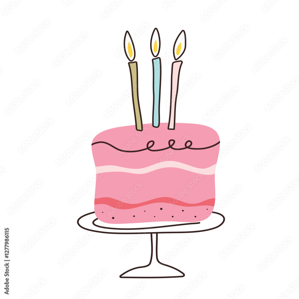 Cake with candles in flat style. Cupcake piece with hand drawn lines. Slice sweet desserts for birthday, invitation, jubilee, poster, weeding. Cute isolated vector illustration on white background. Cake with candles in flat style. Cupcake piece with hand drawn lines. Slice sweet desserts for birthday, invitation, jubilee, poster, weeding. Cute isolated vector illustration on white background.