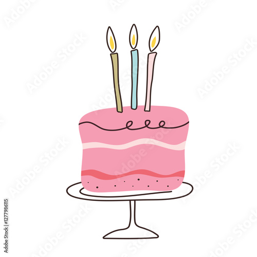 Cake with candles in flat style. Cupcake piece with hand drawn lines. Slice sweet desserts for birthday, invitation, jubilee, poster, weeding. Cute isolated vector illustration on white background.