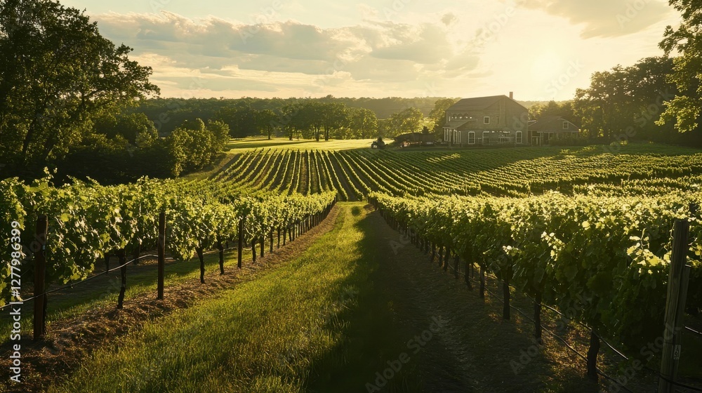 Fototapeta premium Vineyard House Sunset Rural Landscape Golden Hour