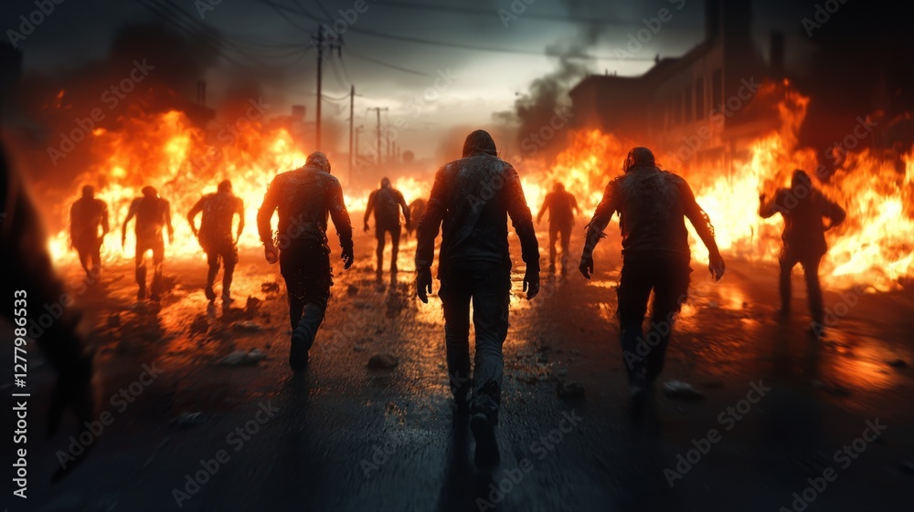 Fototapeta premium A burning battlefield where two factions of survivors clash for control over the last remaining resources