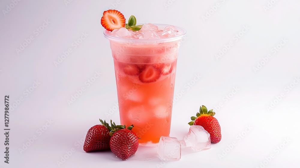 Tall Plastic Cup of Strawberry Tea with a White, Transparent and Clear Background. Ice Cubes and Strawberries on the Cup Edge, with Additional Ice and Strawberries Scattered Outside. Tall Plastic Cup of Strawberry Tea with a White, Transparent and Clear Background. Ice Cubes and Strawberries on the Cup Edge, with Additional Ice and Strawberries Scattered Outside.